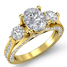 Three Stone Pave Bridge Accent diamond Ring 14k Gold Yellow