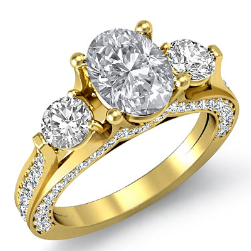 Three Stone Pave Bridge Accent diamond Ring 14k Gold Yellow