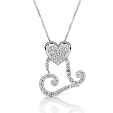 Lab Grown Diamond Heart Scroll Necklace 14K White Gold Romantic Pendant 0.33ctw.