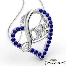 Love Script Heart Pendant Necklace Round Sapphire Gemstone 14k W Gold 0.45Ct