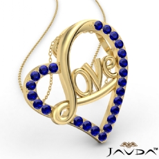 Love Script Heart Pendant Necklace Round Sapphire Gemstone 14k Gold Yellow <Dcarat>