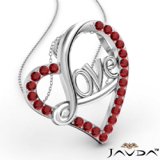 Love Script Heart Pendant Necklace Round Ruby Gemstone 14k White Gold 0.45Ct