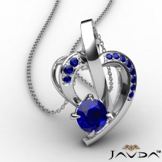 Round Sapphire Gemstone Accent Heart Pendant Necklace 14k White Gold 0.60Ct