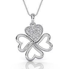 14K White Gold Lab Grown Diamond Heart Clover Pendant Necklace Pave Set 0.22ctw.