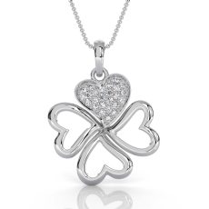14K White Gold Lab Grown Diamond Heart Clover Pendant Necklace Pave Set 0.22ctw.