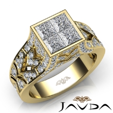 Pave Bezel Set Vintage Princess Round Diamond Engagement Ring 14k Gold Yellow  (1.7Ct. tw.)