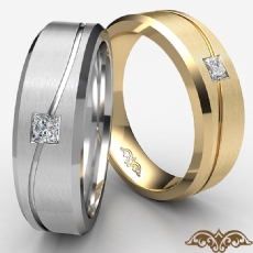 14k Gold Yellow Curve Design Men's Princess Diamond Half Wedding Band  (0.15Ct. tw.)