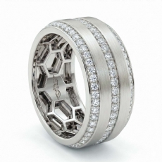 Matte Finish 3 Row Round Diamond Eternity Men Wedding Band 14k White Gold 1.70Ct