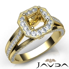 Halo Pave Diamond Engagement Asscher Semi Mount Millgrain Ring 14k Gold Yellow  (0.9Ct. tw.)