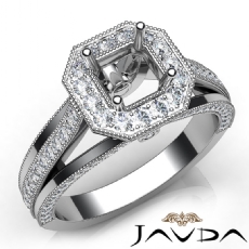 Halo Pave Diamond Engagement Asscher Semi Mount Millgrain Ring 14K W Gold 0.90Ct