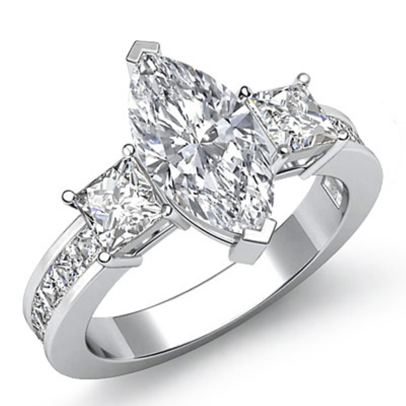 1.1 Carat GIA Certified Round Cut 14K White Gold Channel Set 3 Three Stone Diamond Engagement Ring D-E Color VS1-VS2 Clarity Center Stones 