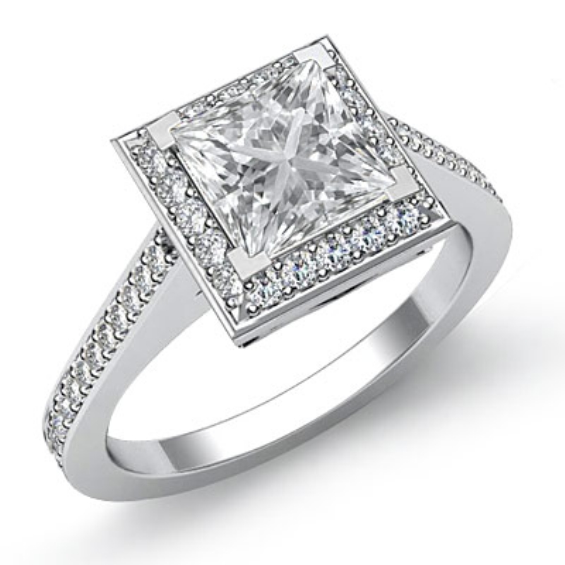 Halo Pave Filigree Sidestone diamond Ring 14k Gold White