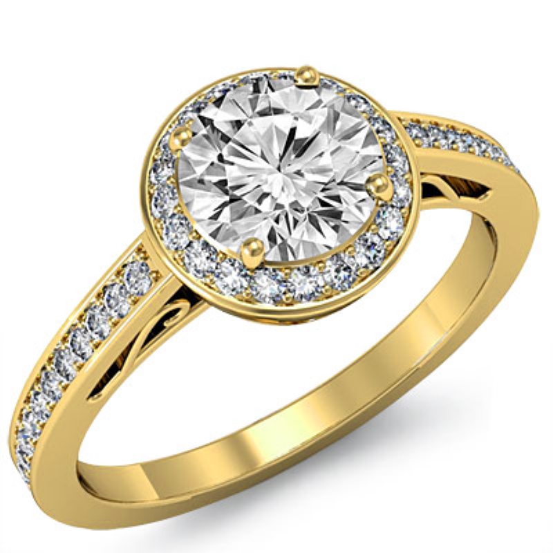 Filigree Basket Halo Sidestone diamond Ring 14k Gold Yellow