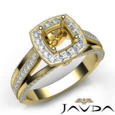 Halo Pave Diamond Engagement Cushion Semi Mount Millgrain Ring 14k Gold Yellow  (0.9Ct. tw.)