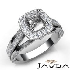 Halo Pave Diamond Engagement Cushion Semi Mount Millgrain Ring 14K W Gold 0.90Ct