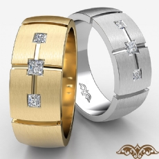 Grooved Matte 0.25 Ct 3 Stone Men's Half Wedding Band 14k White Gold