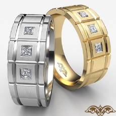 Grooved Matte Diamond Men's Half Wedding Band 14k Gold Yellow  (0.2Ct. tw.)