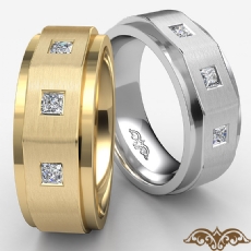 3Stone Step Edge Matte Diamond Mens Half Wedding Band 14k Gold Yellow  (0.2Ct. tw.)