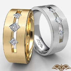 3Stone Princess Diamond Men's Matte Wedding Band 14k Gold Yellow  (0.3Ct. tw.)