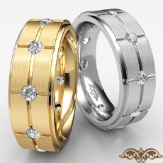 Cross Grooved Round Diamond Eternity Men's Wedding Band 18k Gold Yellow  (0.6Ct. tw.)