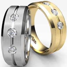 3 Stone Grooved Matte Diamond Men's Half Wedding Band 14k White Gold 0.30 Ct