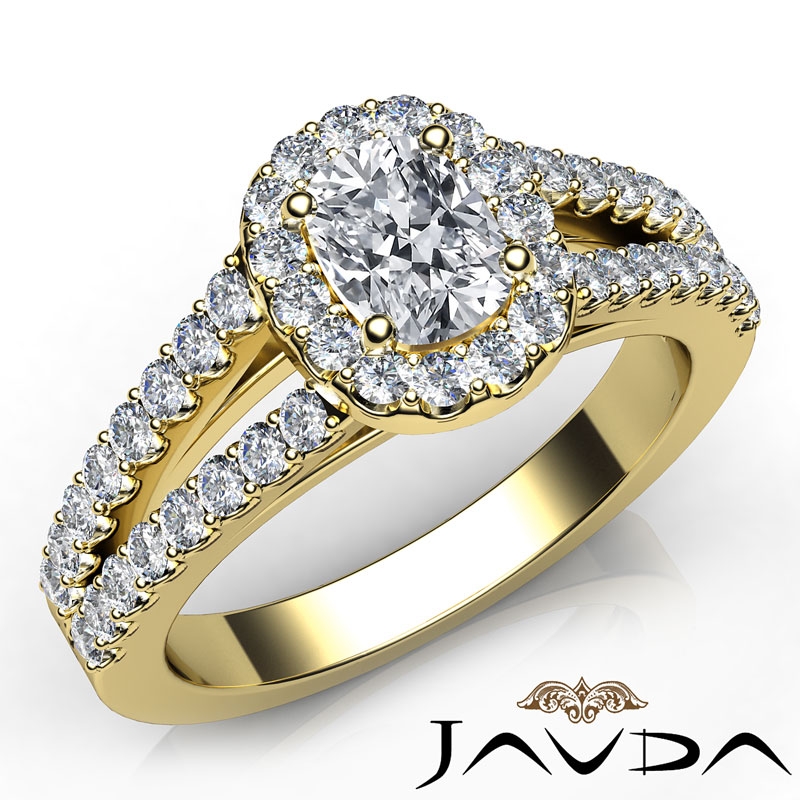Split Shank Halo French U Pave diamond Ring 14k Gold Yellow