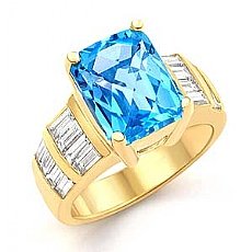 Baguette Diamond Blue Topaz Gemstone Ring 18k Gold Yellow (1Ct. tw.)