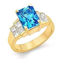 Princess Diamond Emerald Blue Tpz Gemstone Ring 18k Gold Yellow (0.8Ct. tw.)