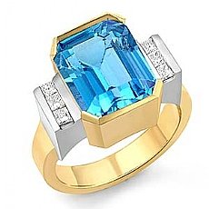 Princess Diamond Blue Topaz Gemstone Classic Ring 14k Gold 2Tone (0.3Ct. tw.)