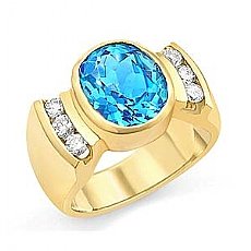 Oval Blue Topaz Gemstone Diamond Ring 14k Gold Yellow (0.55Ct. tw.)