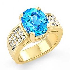 Oval Blue Topaz Gemstone Diamond Fashion Ring 14k Gold Yellow (0.65Ct. tw.)