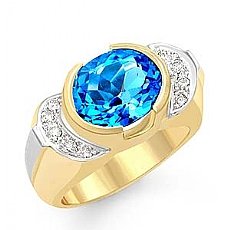 Oval Blue Topaz Gemstone Diamond Ring 14k Gold Yellow (0.35Ct. tw.)