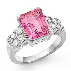 5.25 Ct Emerald Pink Topaz Gemstone Diamond Ring 14k W Gold