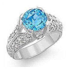 3.6 CT Blue Topaz Gemstone & Diamond Women Ring 14K Gold