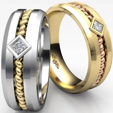 Polished Rope Design Men's Princess Diamond Wedding Band 14k 2 Tone Gold 0.10 Ct