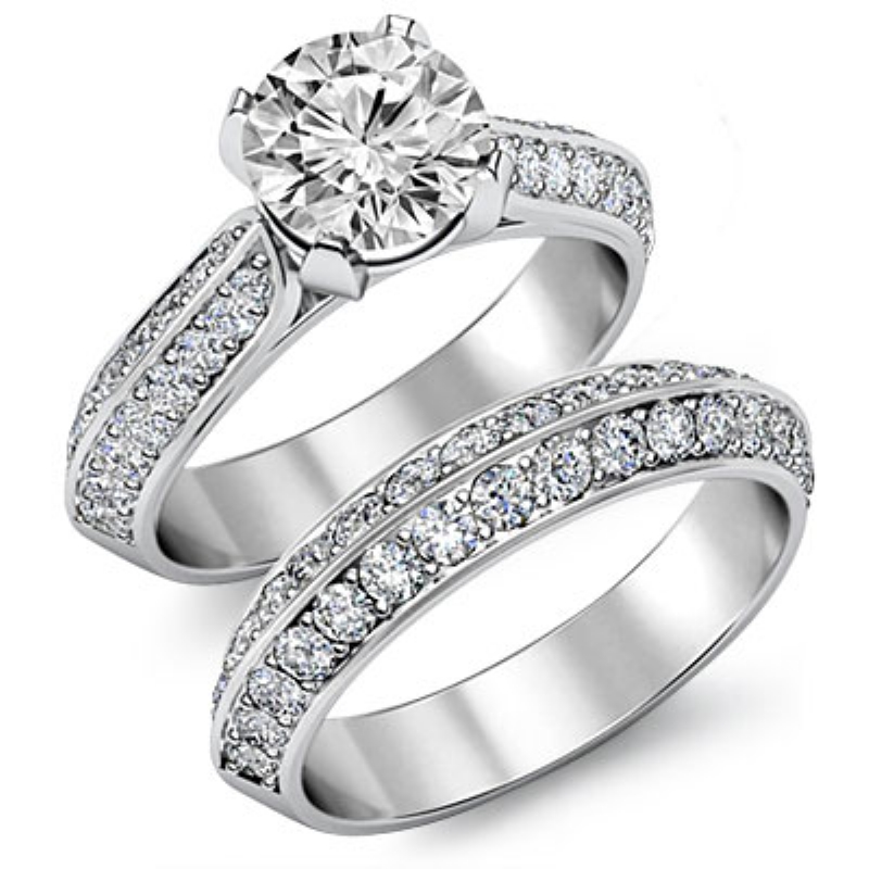 2 Row Shank Pave Bridal Set diamond Ring 14k Gold White