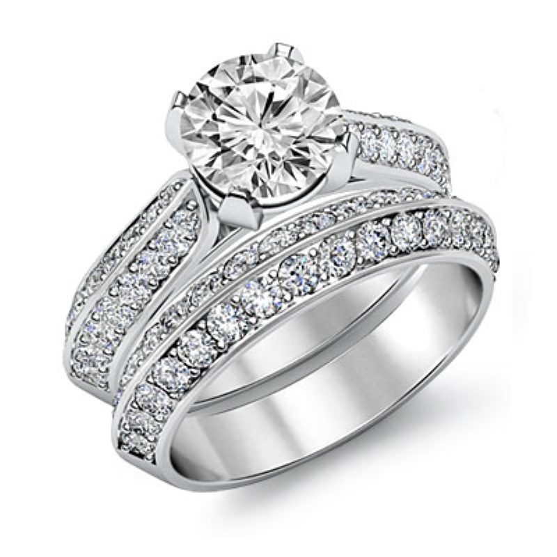 2 Row Shank Pave Bridal Set Round Diamond Engagement Ring 14k White ...