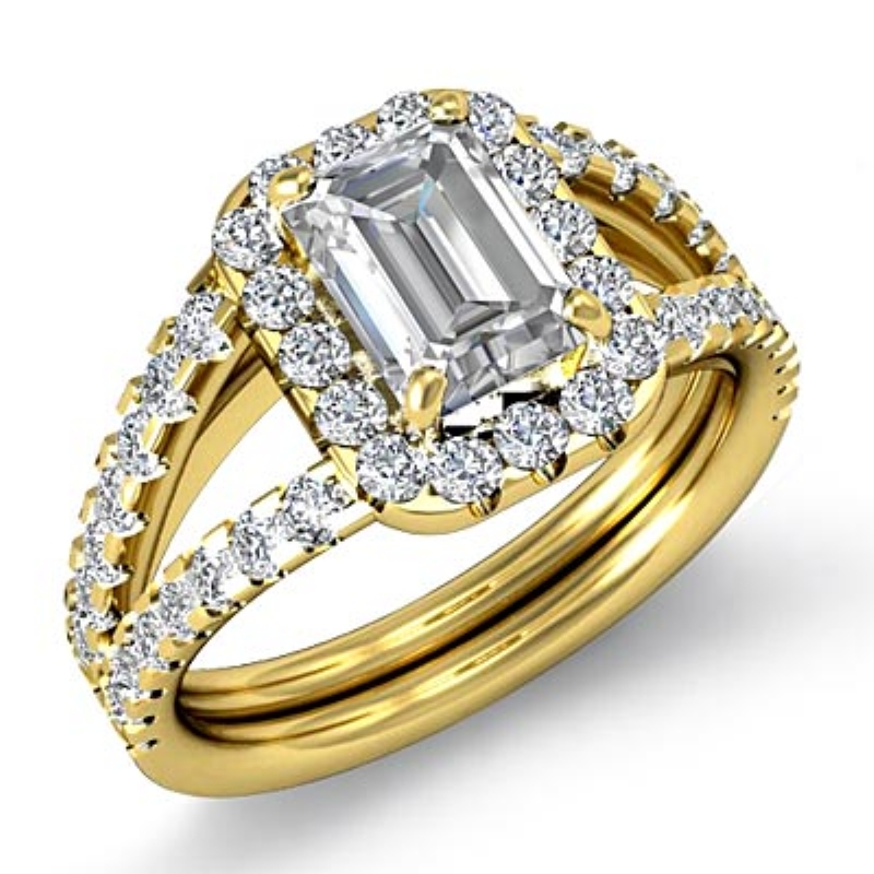 Prong Set Sidestone Halo diamond Ring 14k Gold Yellow