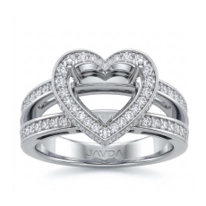 Pave Set Diamond Engagement Bridal Ring Heart Semi Mount 14K White Gold 0.72Ct