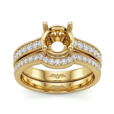Diamond Engagement Millgrain Setting Ring Round Bridal Set 14k Gold Yellow  (0.6Ct. tw.)