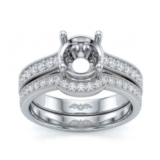0.60Ct Diamond Engagement Millgrain Setting Ring Round Bridal Set 14K White Gold