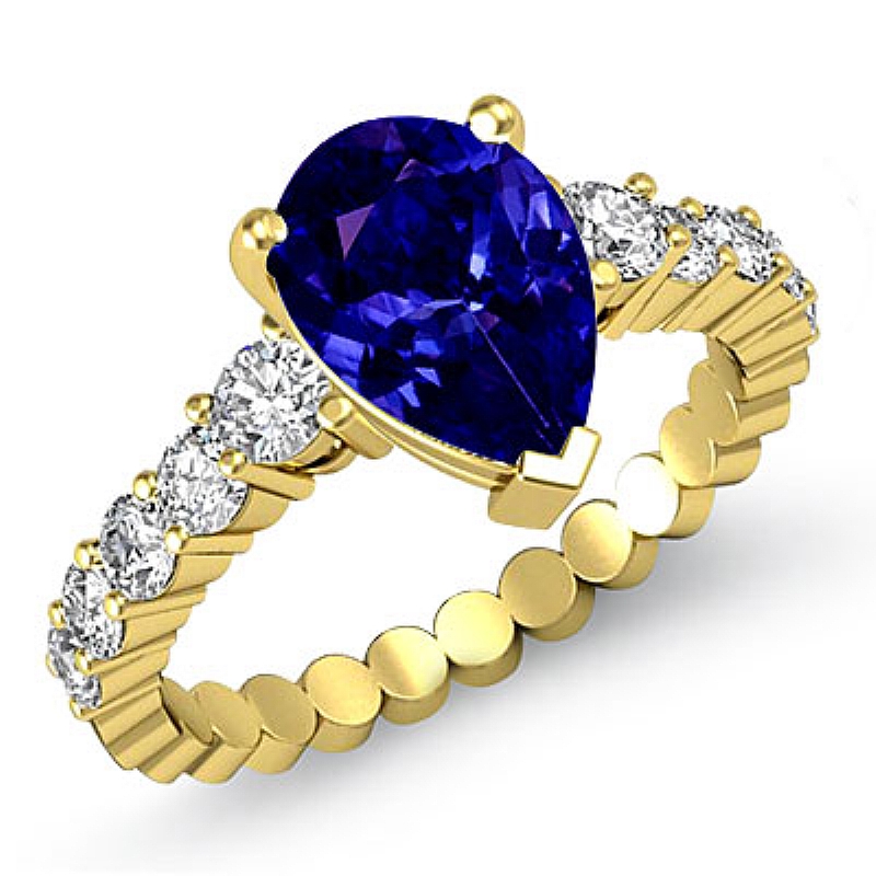 Prong Set Classic Side Stone Pear diamond engagement Ring in 18k Gold Yellow