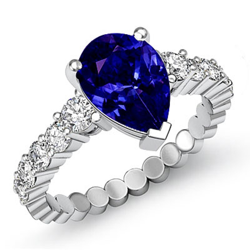 Prong Set Classic Side Stone Pear diamond engagement Ring in 14k Gold White