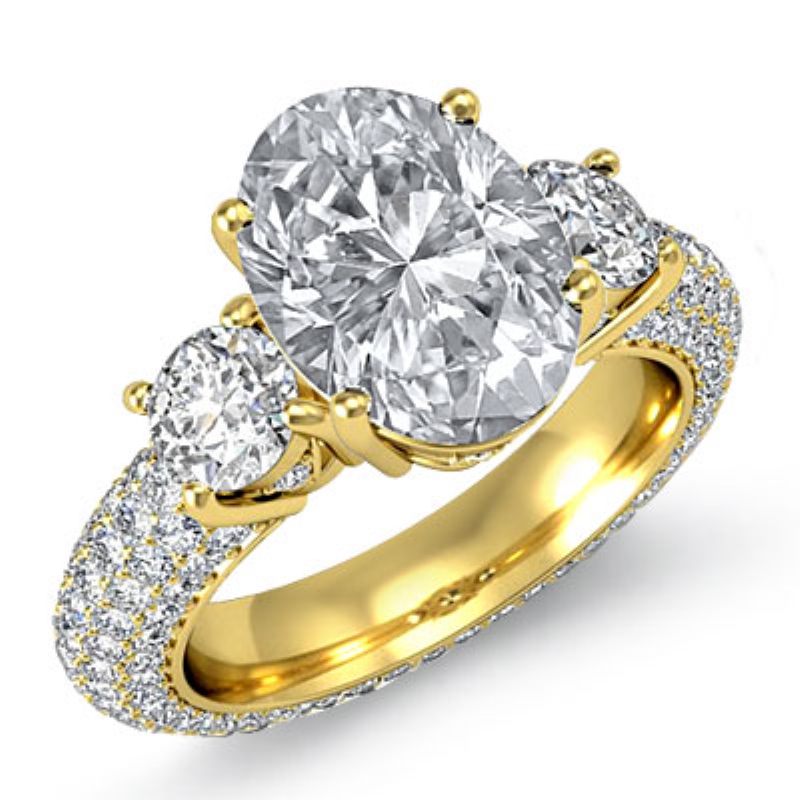 4 Row Pave Shank Three Stone diamond Ring 18k Gold Yellow