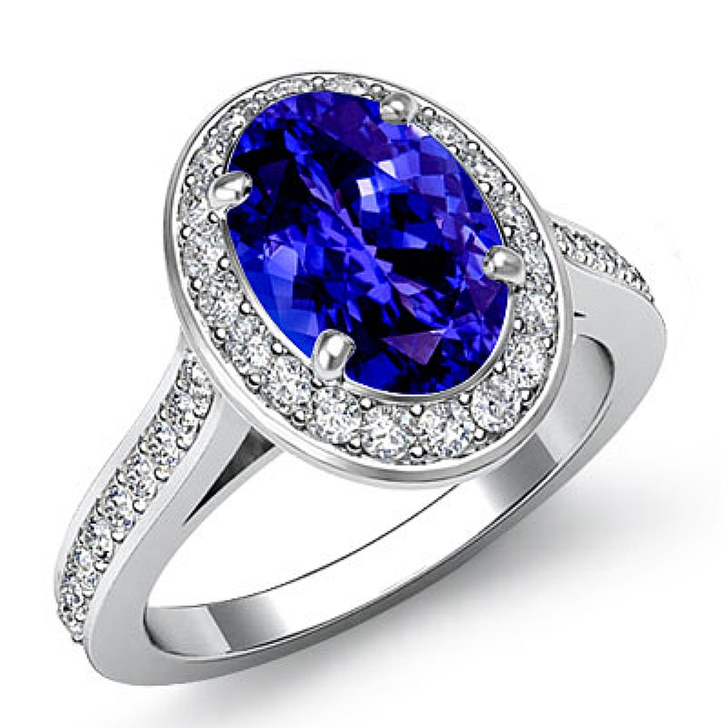 Accents Stone Halo Pave Oval diamond engagement Ring in 14k Gold White