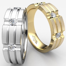 18k Gold Yellow Horizontal & Vertical Grooves Diamond Men's Half Wedding Band  (0.25Ct. tw.)