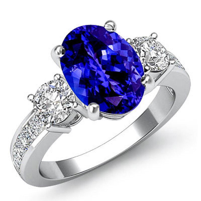 3 Stone Channel Sidestone Oval diamond engagement Ring in 14k Gold White