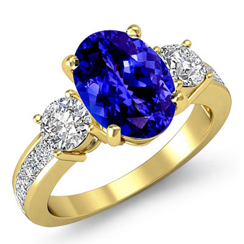 3 Stone Channel Sidestone Oval diamond engagement Ring in 18k Gold Yellow