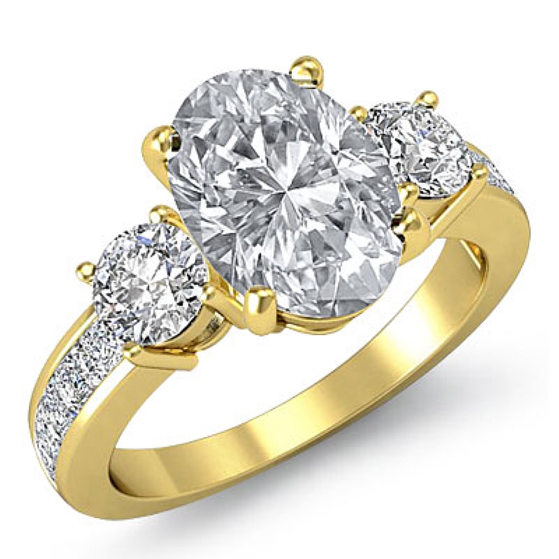 Basket Three Stone Channel Set Oval diamond engagement Ring in 14k Gold Yellow