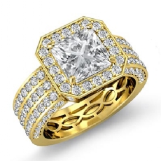 3 Row Shank Pave Set Halo diamond Ring 14k Gold Yellow